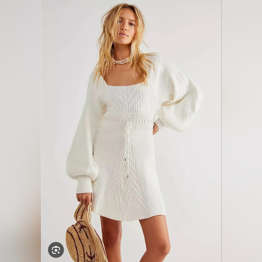 Free People Cream Knit Long Sleeve Dress